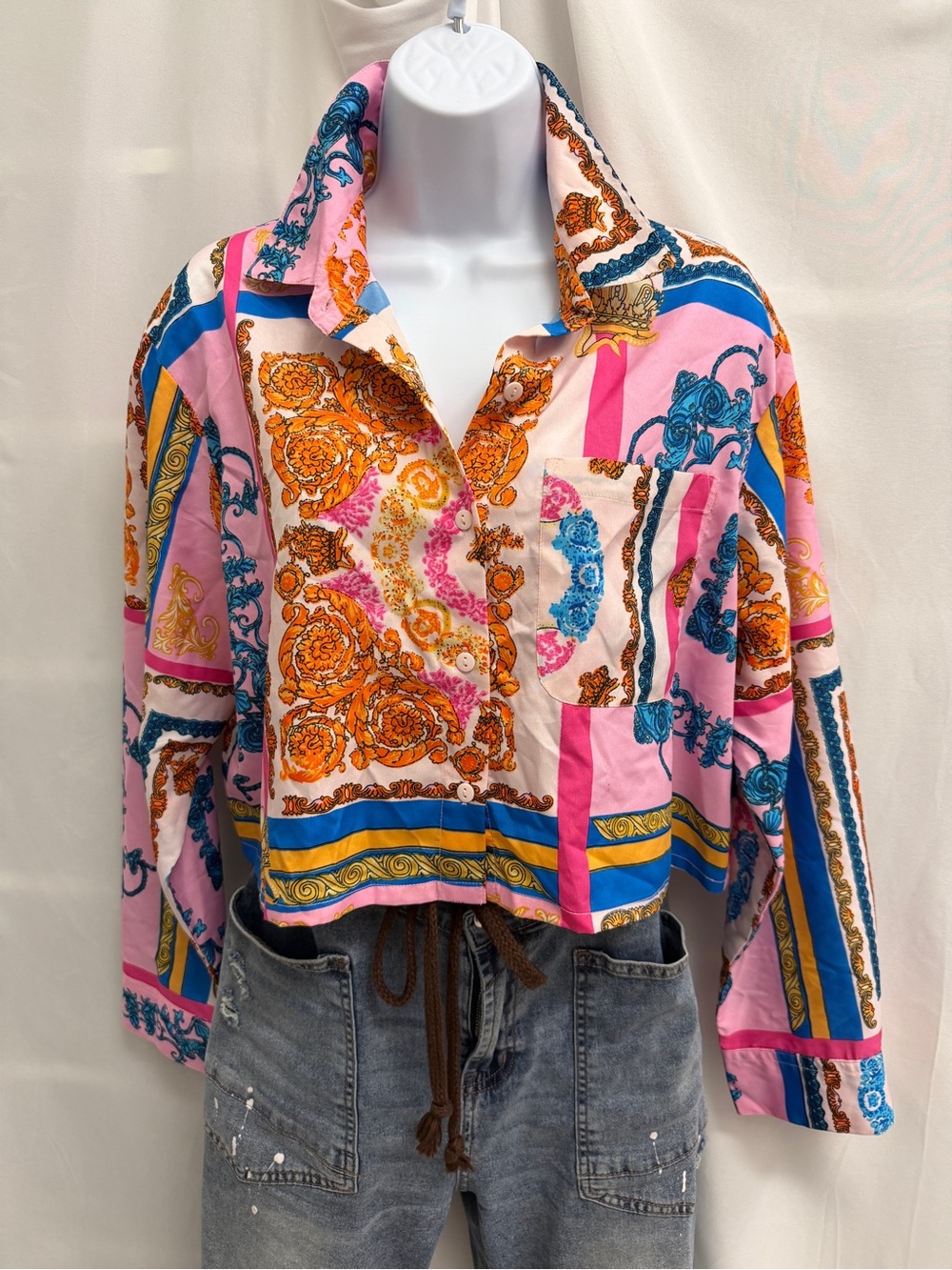 Boohoo Pink Baroque-Print Button Down Shirt with Blue & Orange Accents